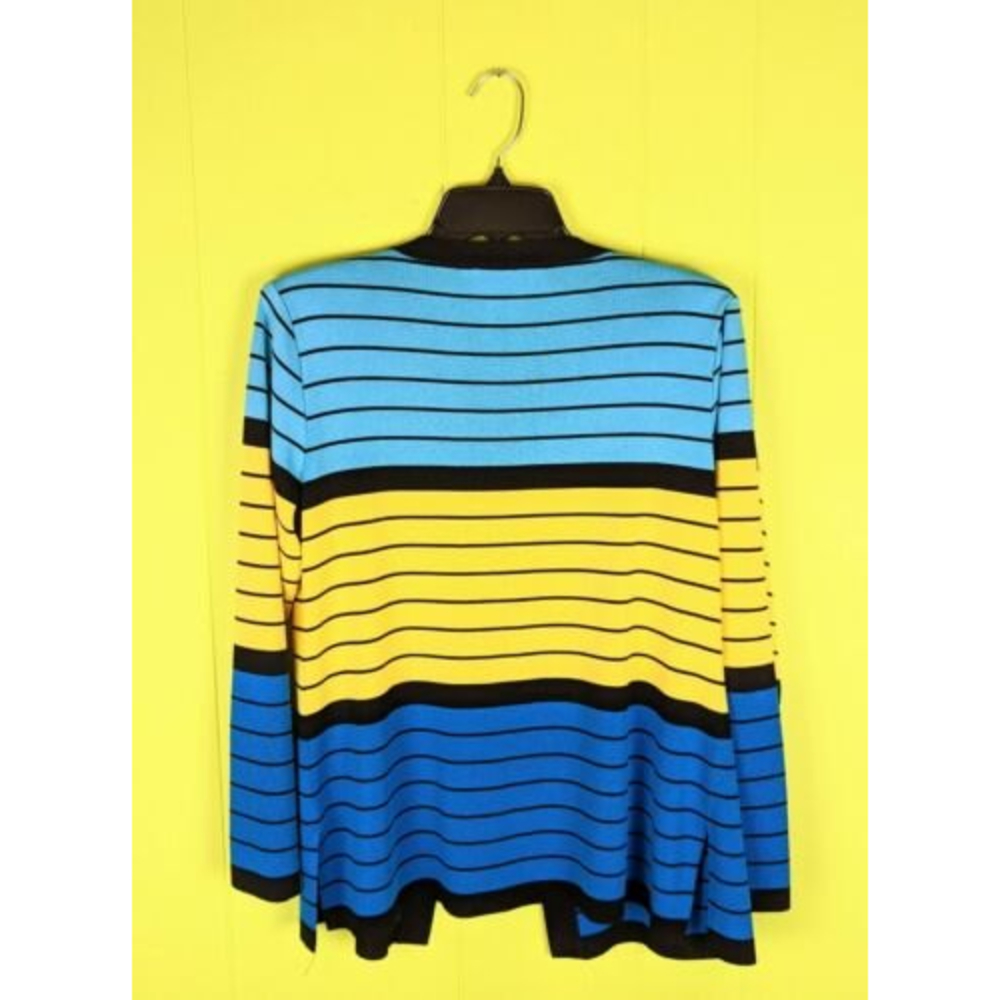 Exclusively Misook Womens M Blue Yellow Striped Acrylic Open Cardigan Sweater - Picture 6 of 12